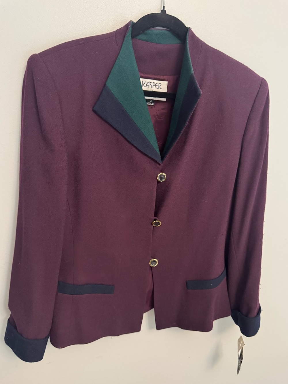 NWT Kasper for A.S.L. Vintage 90s Wool Colorblock Trim Blazer Size 16